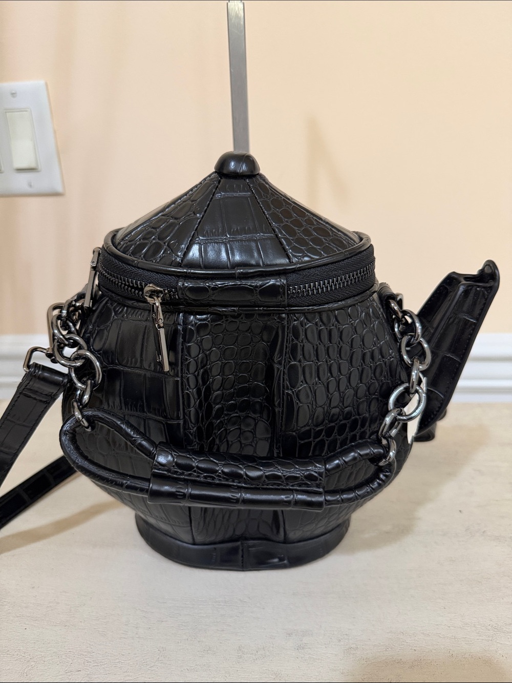 Black Croc-Embossed Teapot Crossbody Bag